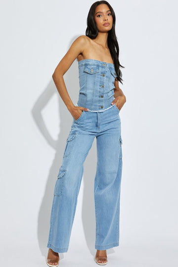 KATCH ME Blue Trendy Denim High Waist Wide Leg Cargo Trousers Trousers